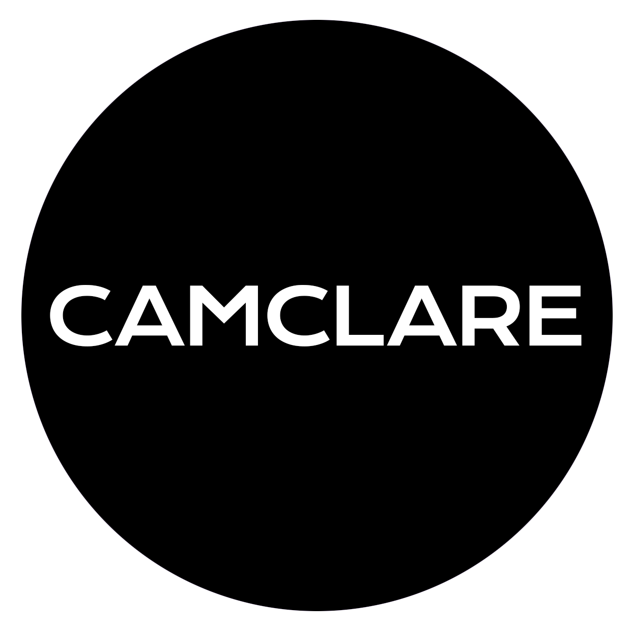 CAMCLARE circular, white text on black background, Cameron Clare